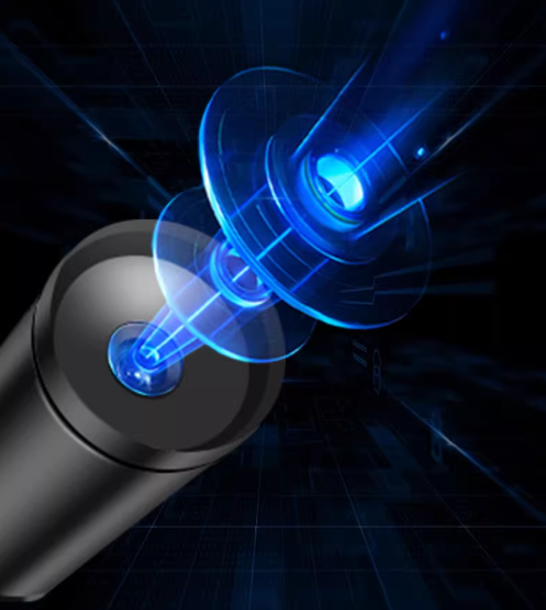 Close-up of lens on car USB starlight projector emitting vivid blue light for galaxy ambient ceiling effects.
