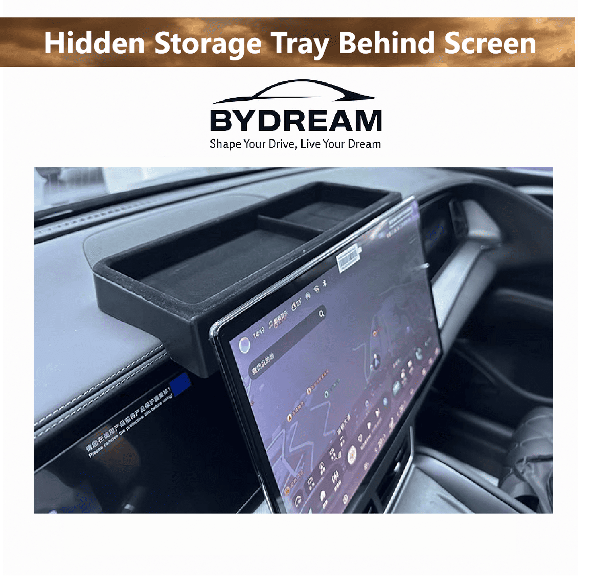Custom-fit dashboard storage tray installed behind screen in BYD Sealion 7 (2024) – non-slip ABS organizer.