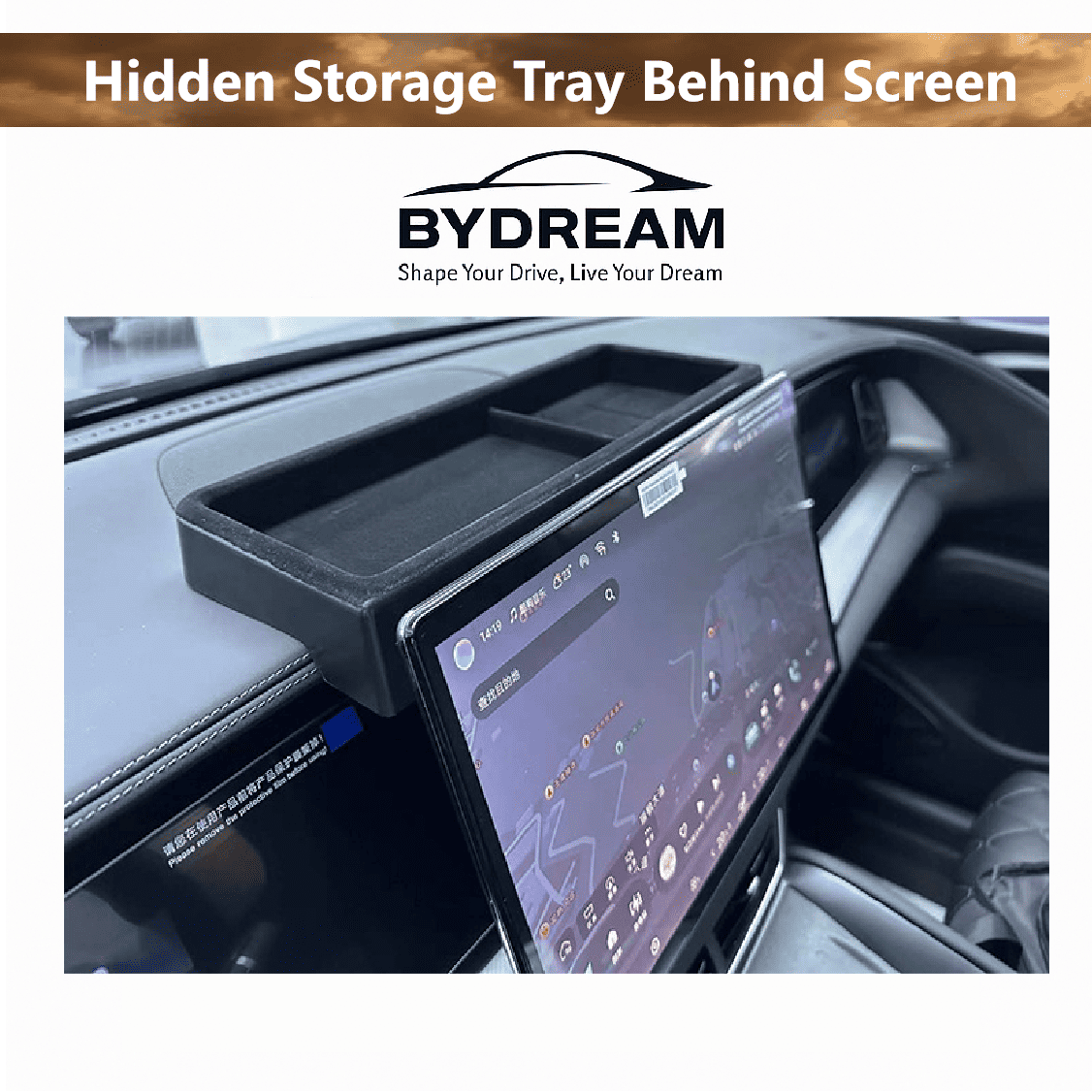 Custom-fit dashboard storage tray installed behind screen in BYD Sealion 7 (2024) – non-slip ABS organizer.