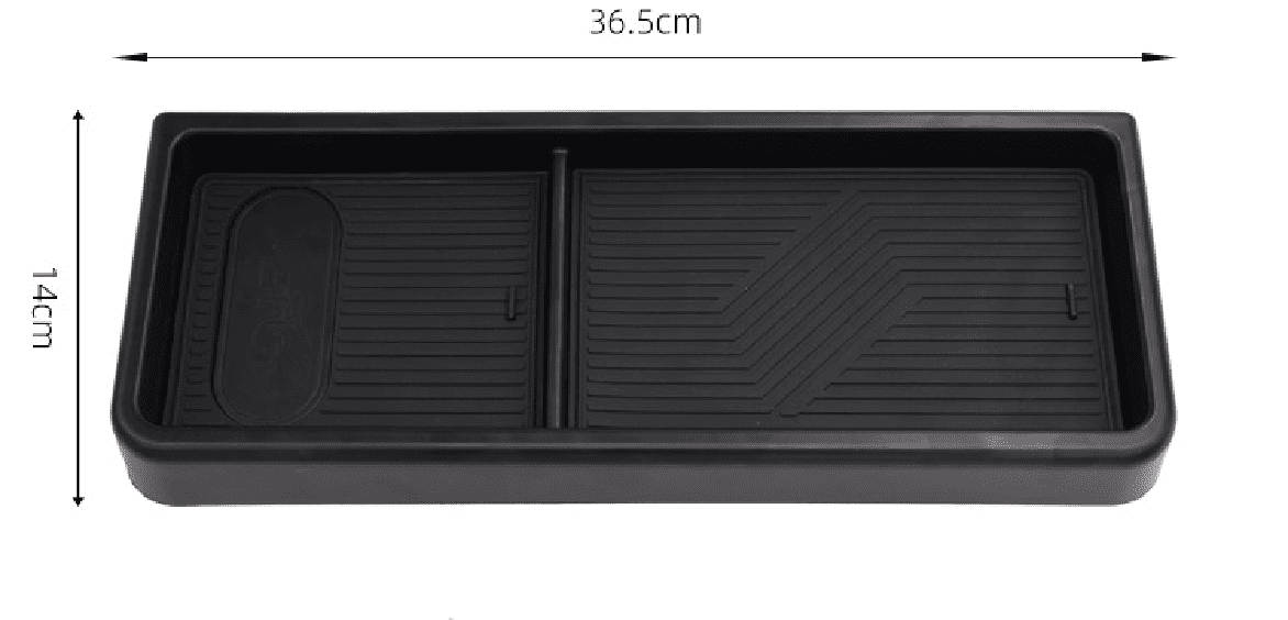 Top view of dashboard tray organizer for BYD Sealion 7 with dimensions 36.5cm x 14cm, showing dual compartments and textured surface.