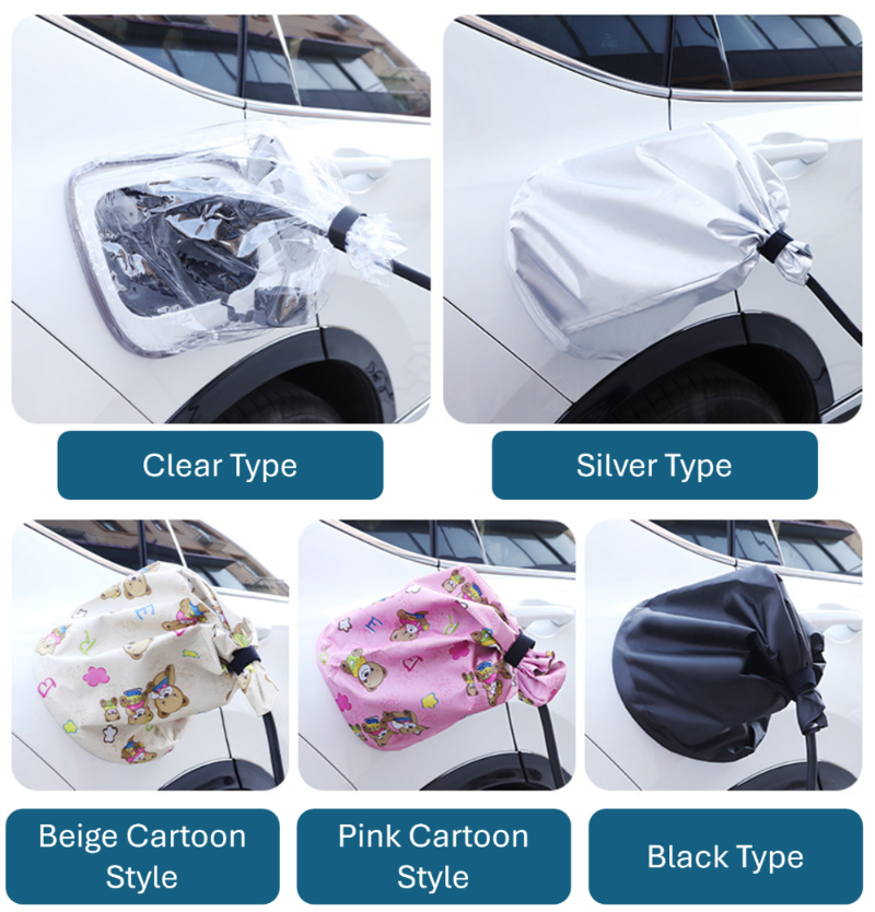 Six color and style options of magnetic waterproof EV charger covers for BYD vehicles, including clear, silver, black, beige cartoon, and pink cartoon styles.