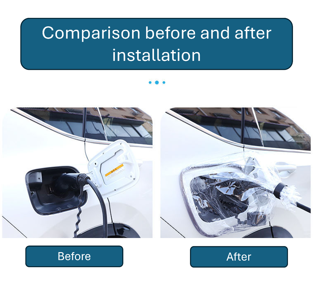 Side-by-side comparison showing a BYD electric vehicle charging port before and after installing the waterproof magnetic EV charger cover.