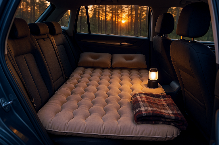 Brown inflatable car mattress for BYD models, installed in rear seat, ideal for car camping, long trips, and cozy overnight stays.