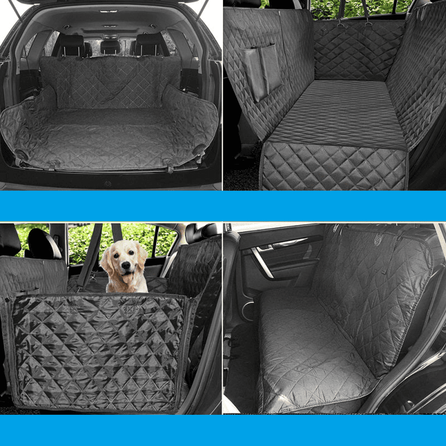 Four installation views of BYD dog car seat cover hammock for SUV and sedan, showing full coverage, rear trunk fit, bench setup, and mesh barrier for dogs