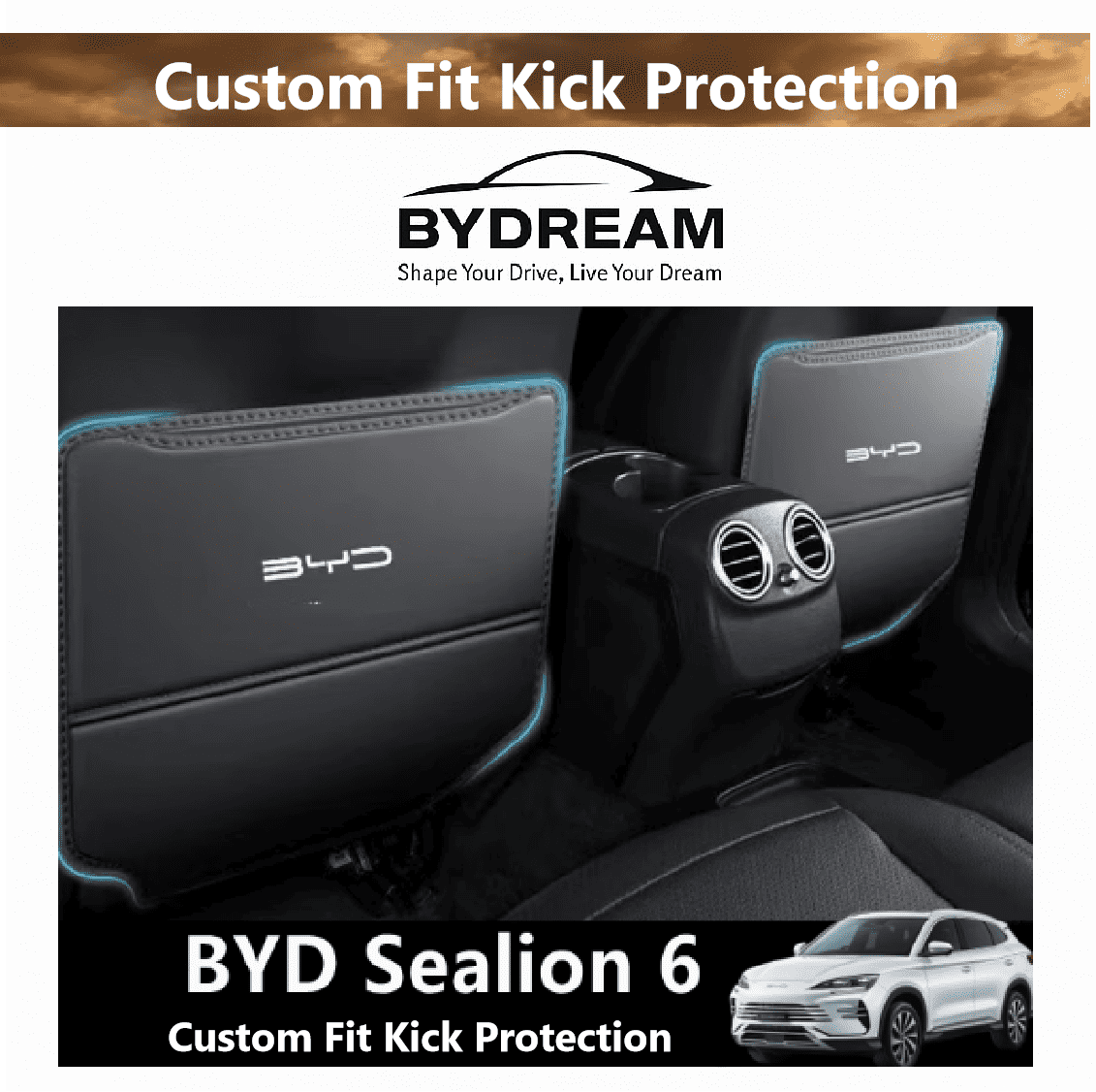Custom fit kick protector mats for BYD Sealion 6, installed on both front seat backs