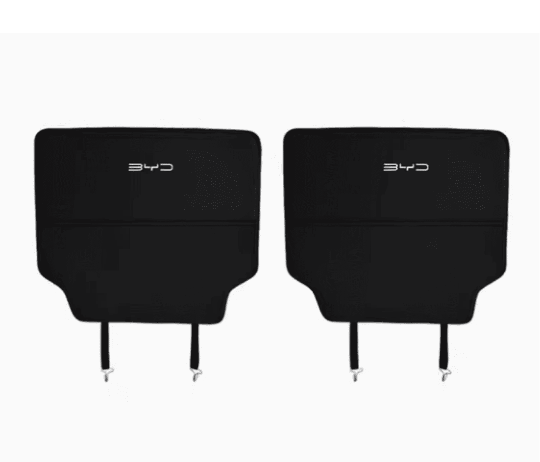 Pair of BYD Sealion 6 kick protection pads with adjustable straps for front seat back installation