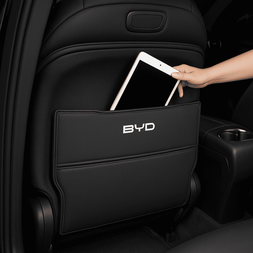 Hand placing tablet into the storage pocket of BYD Sealion 6 seat back kick protector