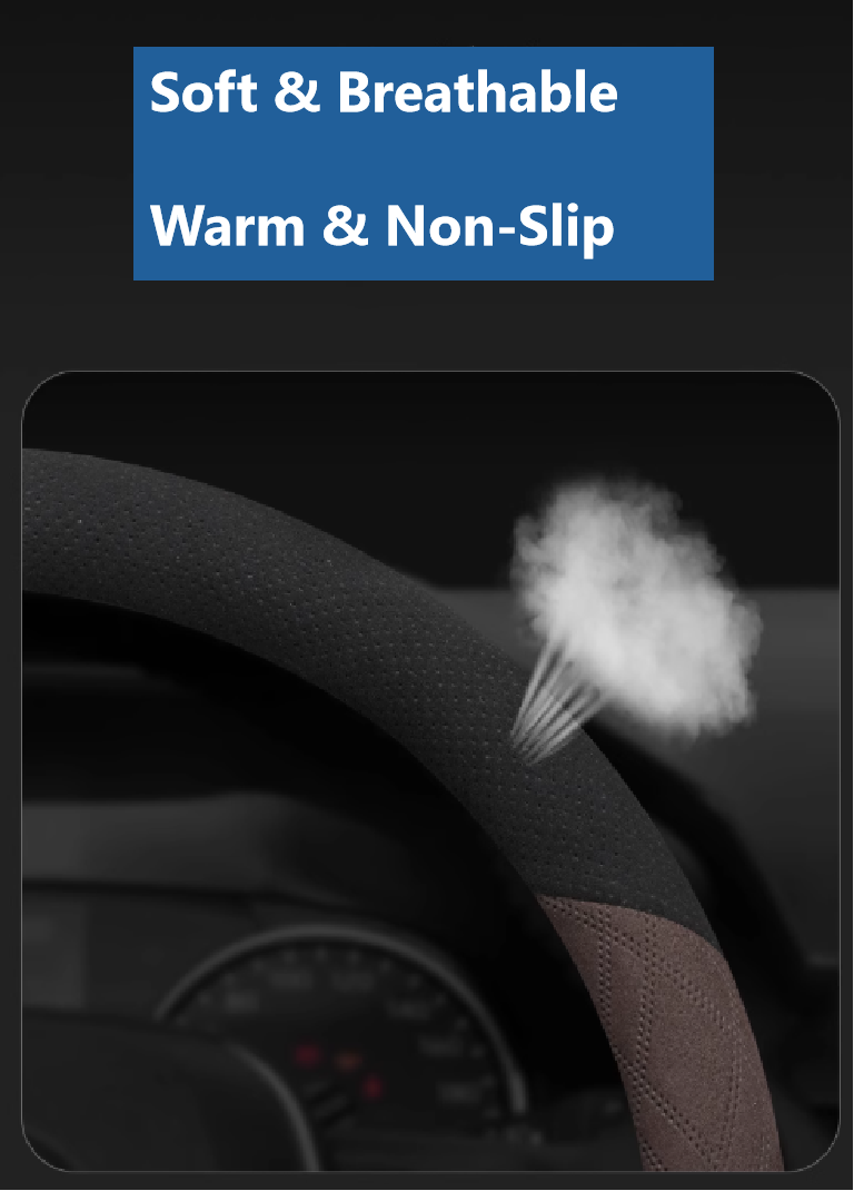 Breathable suede steering wheel cover releasing vapor – showcasing soft, non-slip, and winter-ready material