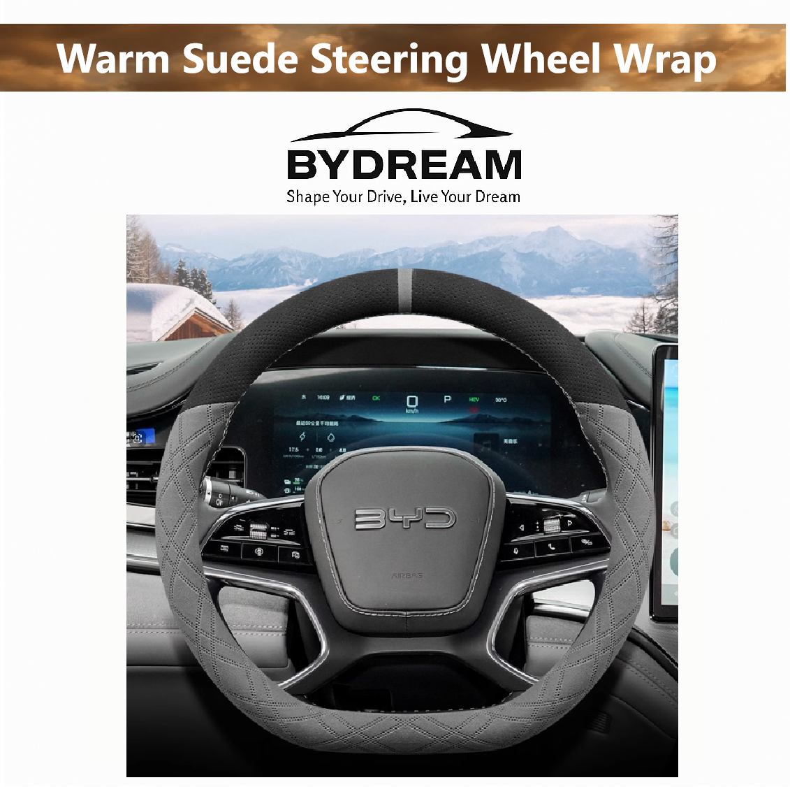 Warm suede steering wheel cover for BYD vehicles – non-slip, universal fit, winter-ready, stylish interior accessory