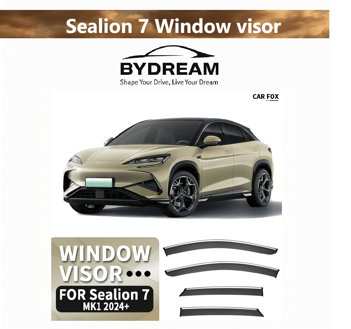 Smoke-tinted 4-piece window visor rain guard set for BYD Sealion 7 (2024+), shown with car installation view and product layout.