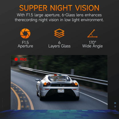 A207 dash cam night vision feature with F1.5 large aperture, 6-layer lens, and 170-degree wide-angle view for enhanced low-light recording.