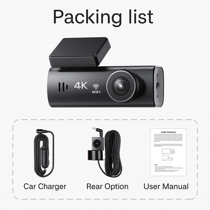 Packing list of A207 Dash Cam including front dash cam, car charger, optional rear camera, and user manual.