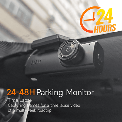 A207 dash cam installed on windshield, showcasing 24–48 hour parking monitoring with time-lapse capture feature.