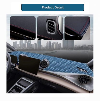 Close-up details of custom-fit dashboard sunshade mat for BYD Dolphin 2025, showing precise stitching, vent cutouts, and textured heat protection layer for glare reduction and UV shielding.