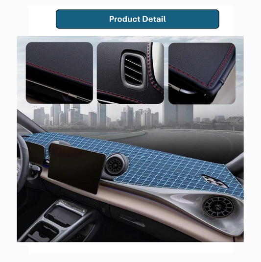 Close-up details of custom-fit dashboard sunshade mat for BYD Dolphin 2025, showing precise stitching, vent cutouts, and textured heat protection layer for glare reduction and UV shielding.