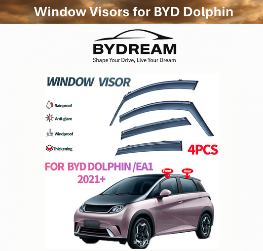 Set of 4 acrylic window visors rain guards for BYD Dolphin, providing rain, wind, and glare protection with seamless fit