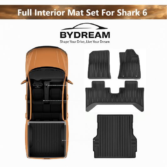Full interior floor mat set for BYD Shark 6, all-weather custom TPE mats for 2024-2025 model, including front, rear, and trunk protection