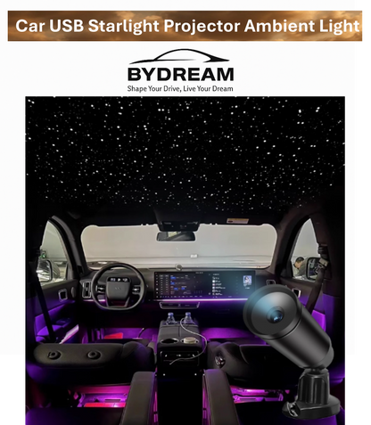 BYD car USB starlight projector ambient light creating starry sky effect inside vehicle.
