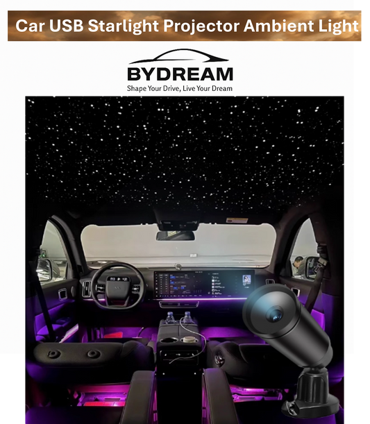 BYD car USB starlight projector ambient light creating starry sky effect inside vehicle.
