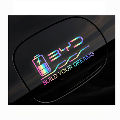 Reflective holographic BYD Build Your Dreams decal applied to black EV charging port cover