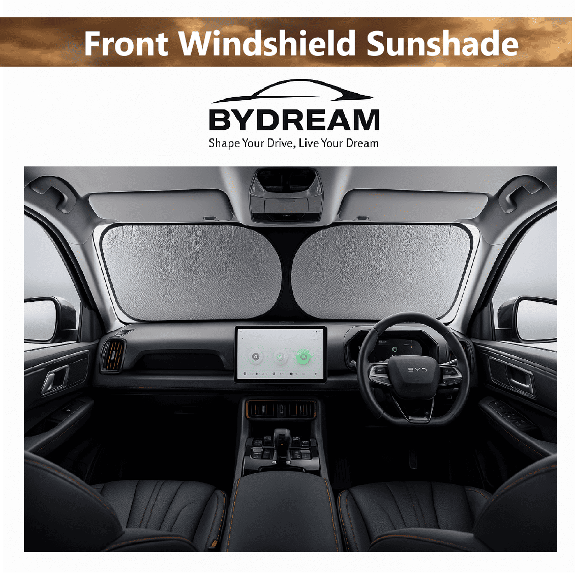 Foldable front windshield sunshade installed in BYD Atto 3 interior, blocks UV rays and heat