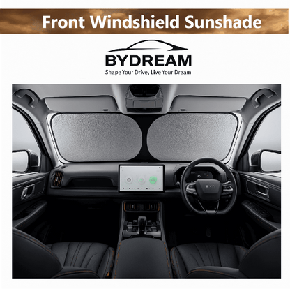 Foldable front windshield sunshade installed in BYD Atto 3 interior, blocks UV rays and heat