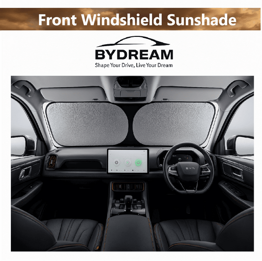 Foldable front windshield sunshade installed in BYD Atto 3 interior, blocks UV rays and heat