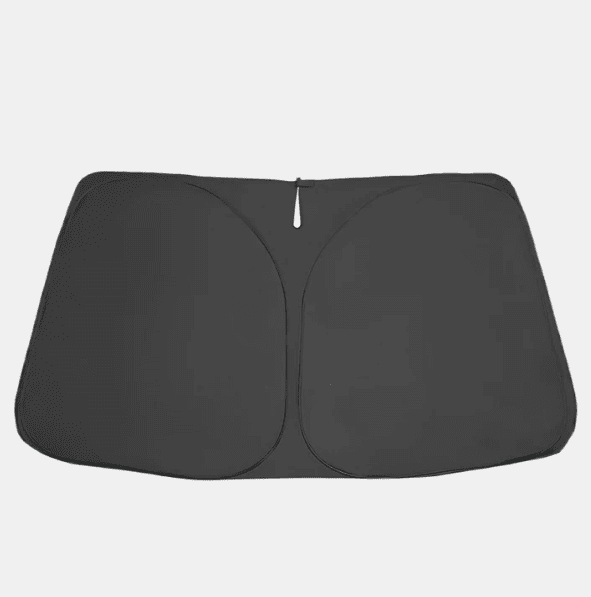 Black front windshield sunshade with mirror cutout for BYD EVs, foldable and frameless design