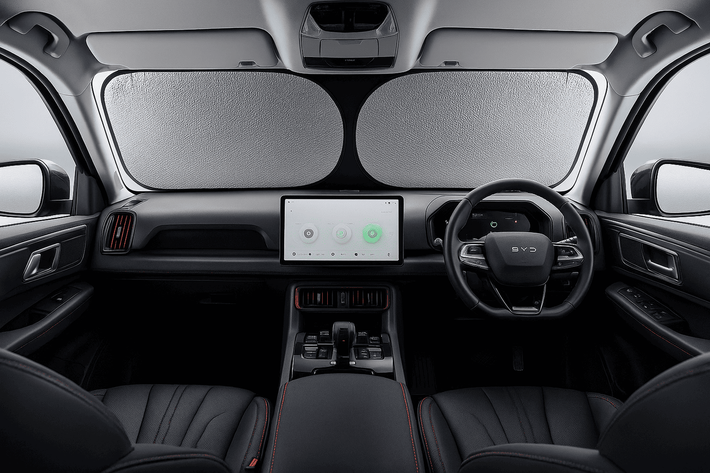 Full dashboard view of BYD Atto 3 with foldable windshield sunshade fully installed for UV and heat protection
