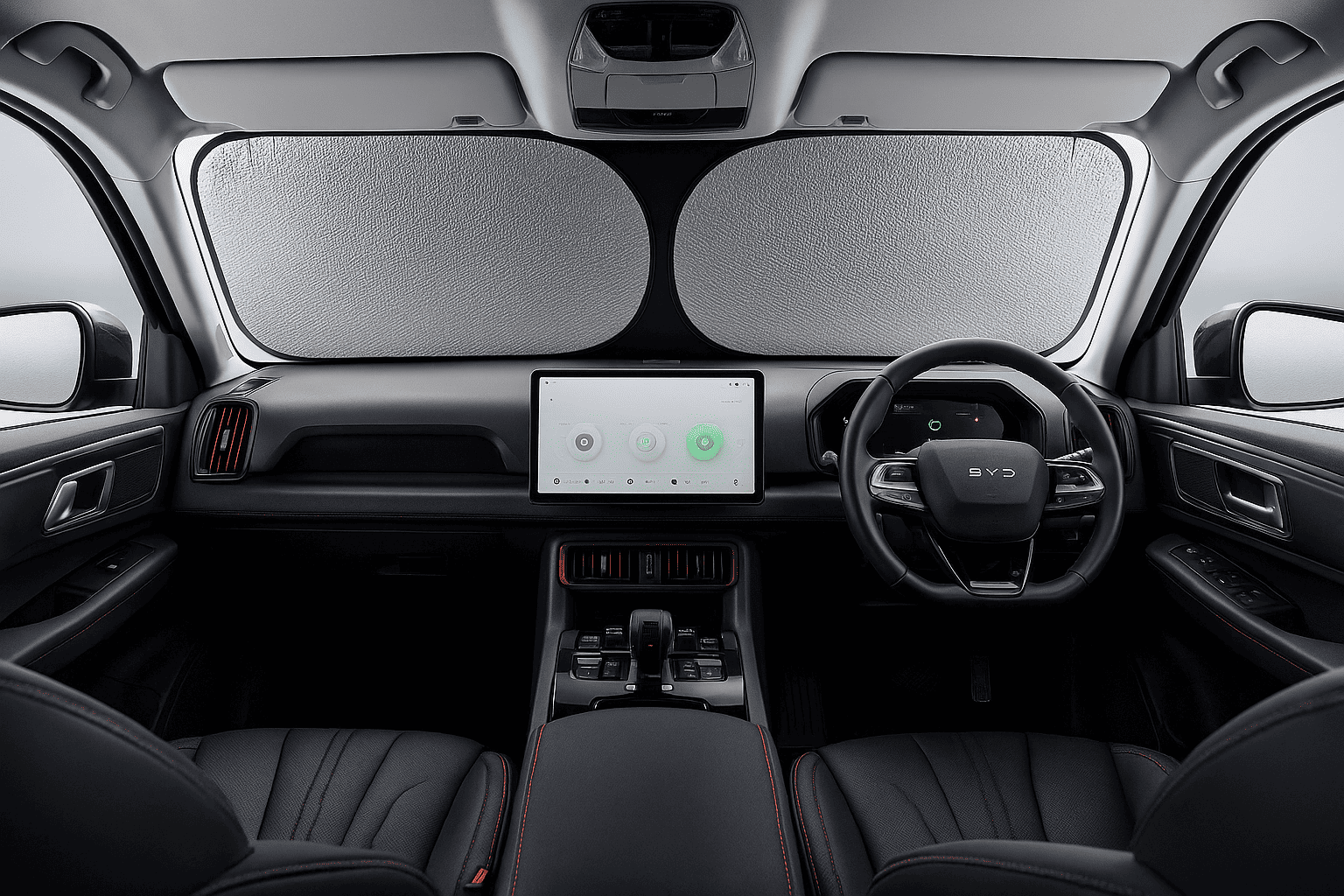 Full dashboard view of BYD Atto 3 with foldable windshield sunshade fully installed for UV and heat protection