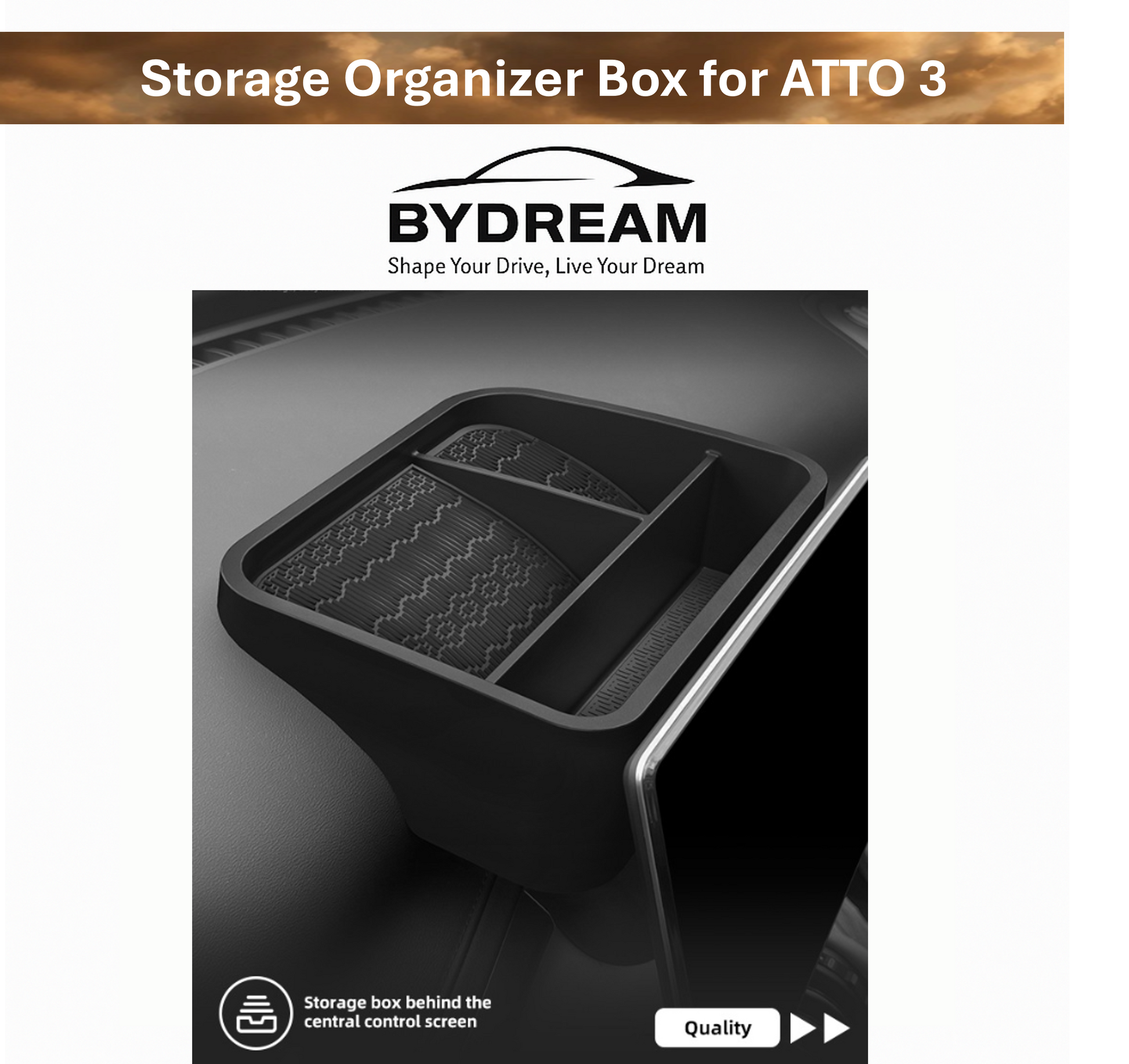 Hidden storage organizer box for BYD ATTO 3 behind touchscreen, black ABS tray with compartments, car interior accessory
