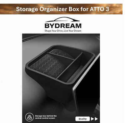 Hidden storage organizer box for BYD ATTO 3 behind touchscreen, black ABS tray with compartments, car interior accessory
