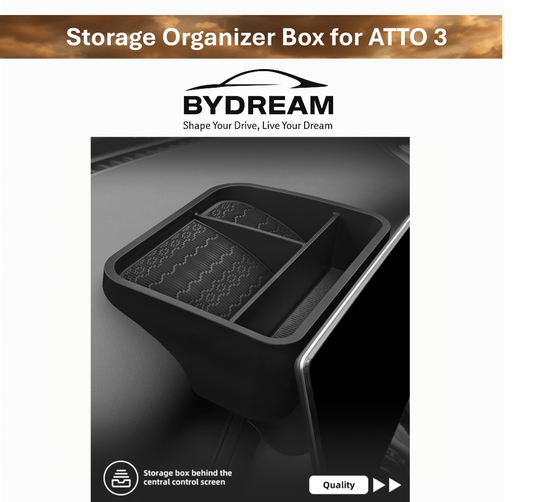 Hidden storage organizer box for BYD ATTO 3 behind touchscreen, black ABS tray with compartments, car interior accessory
