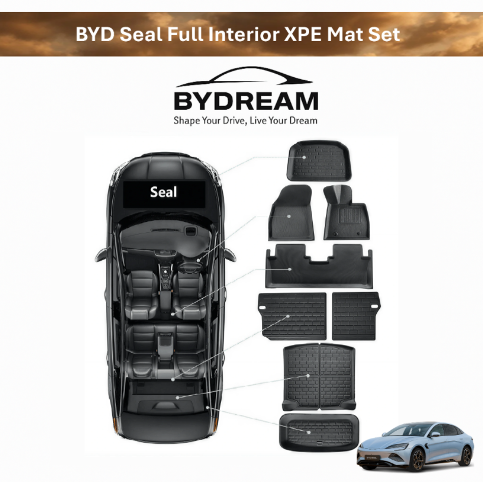 BYD Seal XPE full interior mat set including floor mats, trunk liner and seatback protectors on white background