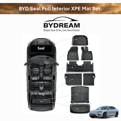 BYD Seal XPE full interior mat set including floor mats, trunk liner and seatback protectors on white background