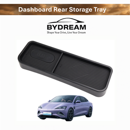 Close-up of non-slip texture on BYD Seal dashboard rear storage tray in black ABS plastic
