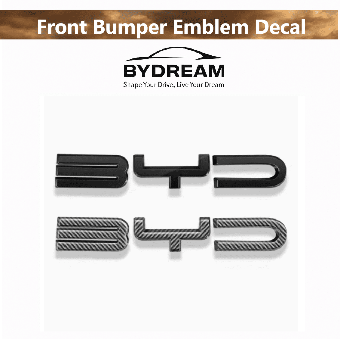 Side-by-side view of gloss black and carbon fiber BYD front bumper emblem decals for BYD Sealion 6, 3D ABS lettering

