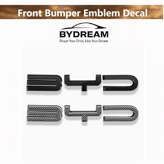Side-by-side view of gloss black and carbon fiber BYD front bumper emblem decals for BYD Sealion 6, 3D ABS lettering

