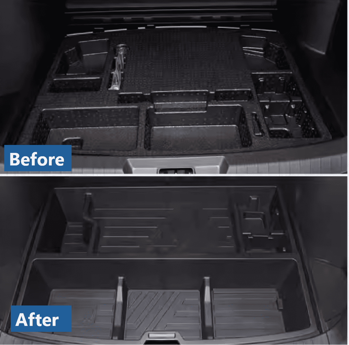 Comparison of trunk organizers for BYD Sealion 6 showing old foam layout versus new custom ABS segmented storage box

