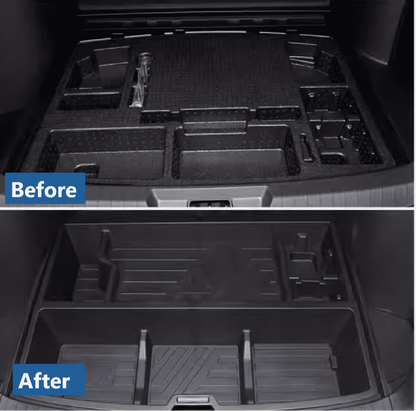 Comparison of trunk organizers for BYD Sealion 6 showing old foam layout versus new custom ABS segmented storage box

