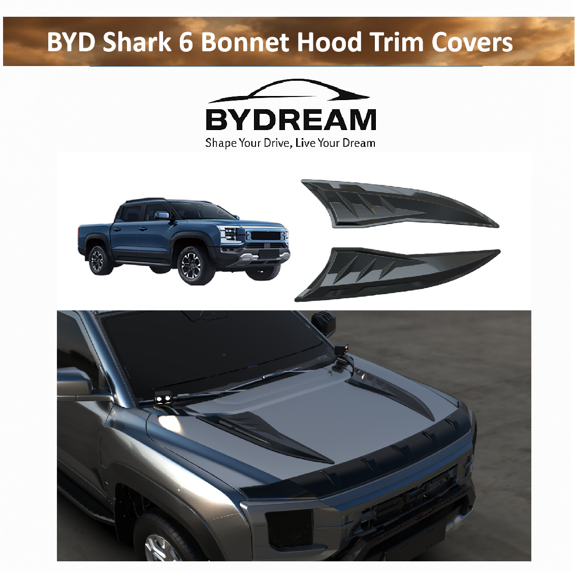 BYD Shark 6 Bonnet Hood Trim Covers – Gloss Black ABS (Set of 2)