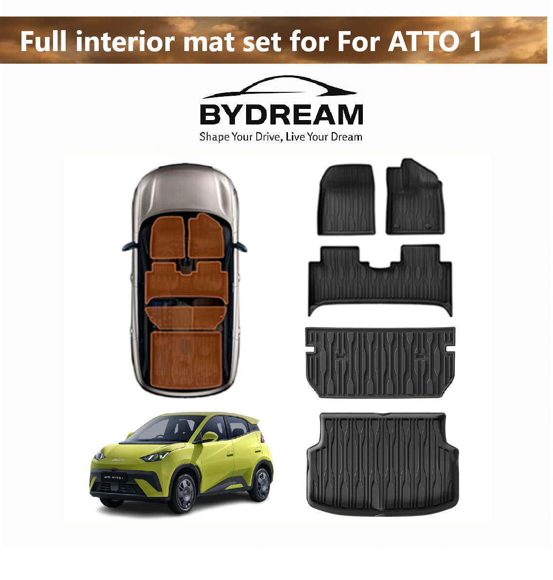 Car interior mat set for BYD Atto 1 with BYDREAM branding