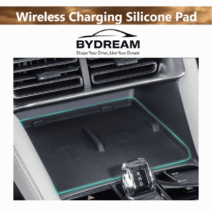 Custom-fit wireless charging silicone pad installed in BYD Sealion 6 center console, designed to prevent phone slipping and protect from dust

