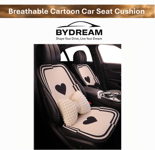 Breathable cartoon-style car seat cushion for BYD, featuring cute heart pattern and soft breathable fabric, universal fit for Dolphin, Seal, Sealion 7, Shark 6.