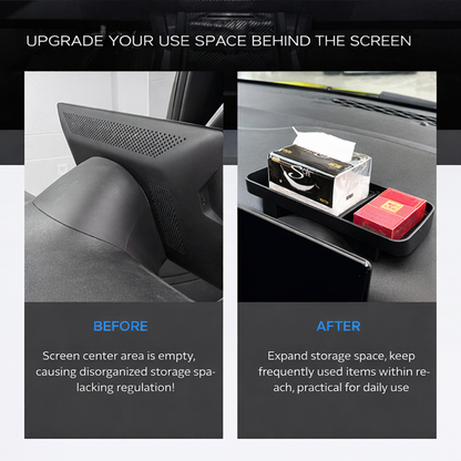 Before and after: BYD ATTO 1 centre screen storage organizer tray installed behind the screen, adds dashboard storage space for tissues and small items