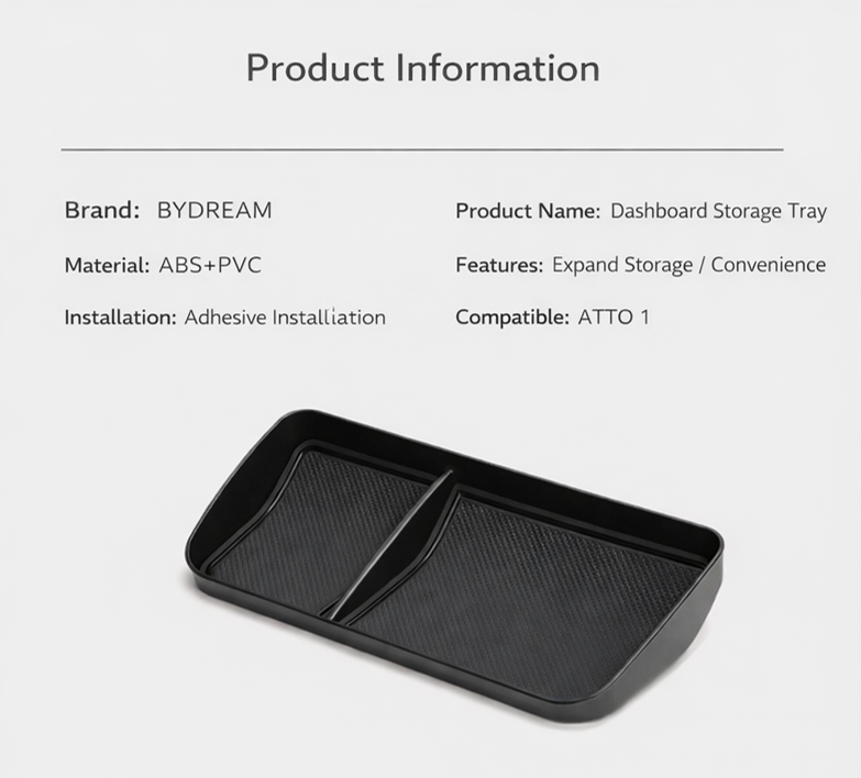 Product information card for BYD ATTO 1 dashboard storage tray (BYDREAM) – ABS+PVC material, adhesive installation, expands storage behind the centre screen