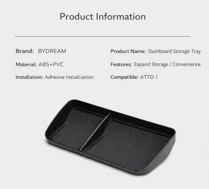 Product information card for BYD ATTO 1 dashboard storage tray (BYDREAM) – ABS+PVC material, adhesive installation, expands storage behind the centre screen
