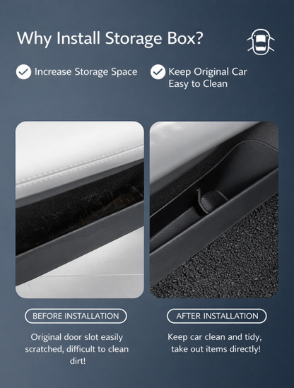Before and after comparison of BYD ATTO 1 door pocket organizer inserts showing cleaner door bin storage, added compartments and easy-to-clean interior organiser (Australia)