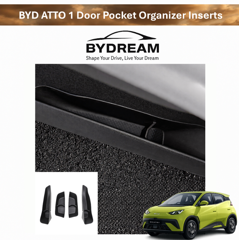 BYD ATTO 1 door pocket organizer inserts installed in the lower door bin, divider storage tray set for tidy interior organisation (Australia)
