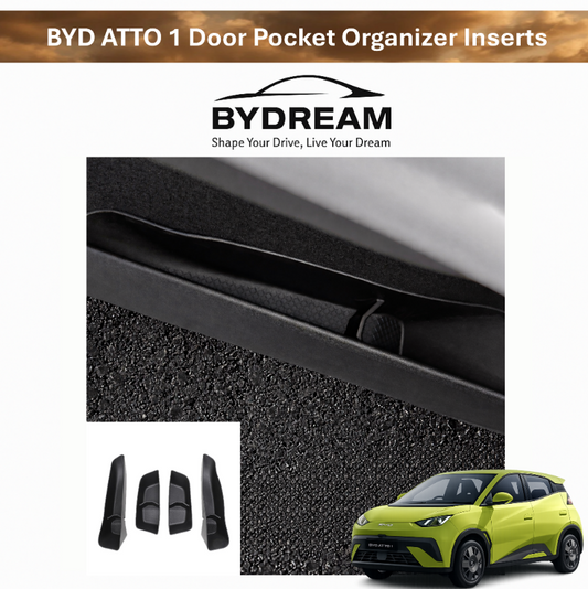 BYD ATTO 1 door pocket organizer inserts installed in the lower door bin, divider storage tray set for tidy interior organisation (Australia)